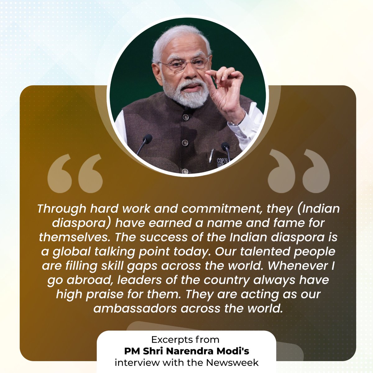 The success of the Indian diaspora is a global talking point today. Our talented people are filling skill gaps across the world.

Excerpts from PM Shri @narendramodi's interview with Newsweek.