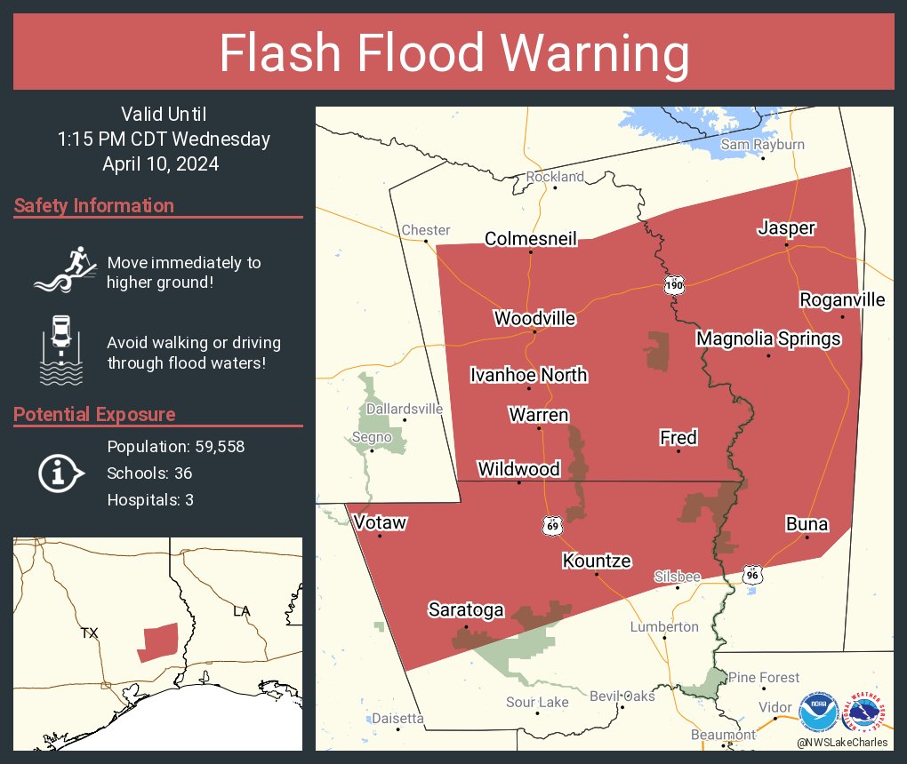 Flash Flood Warning continues for Jasper TX, Woodville TX and Kirbyville TX until 1:15 PM CDT