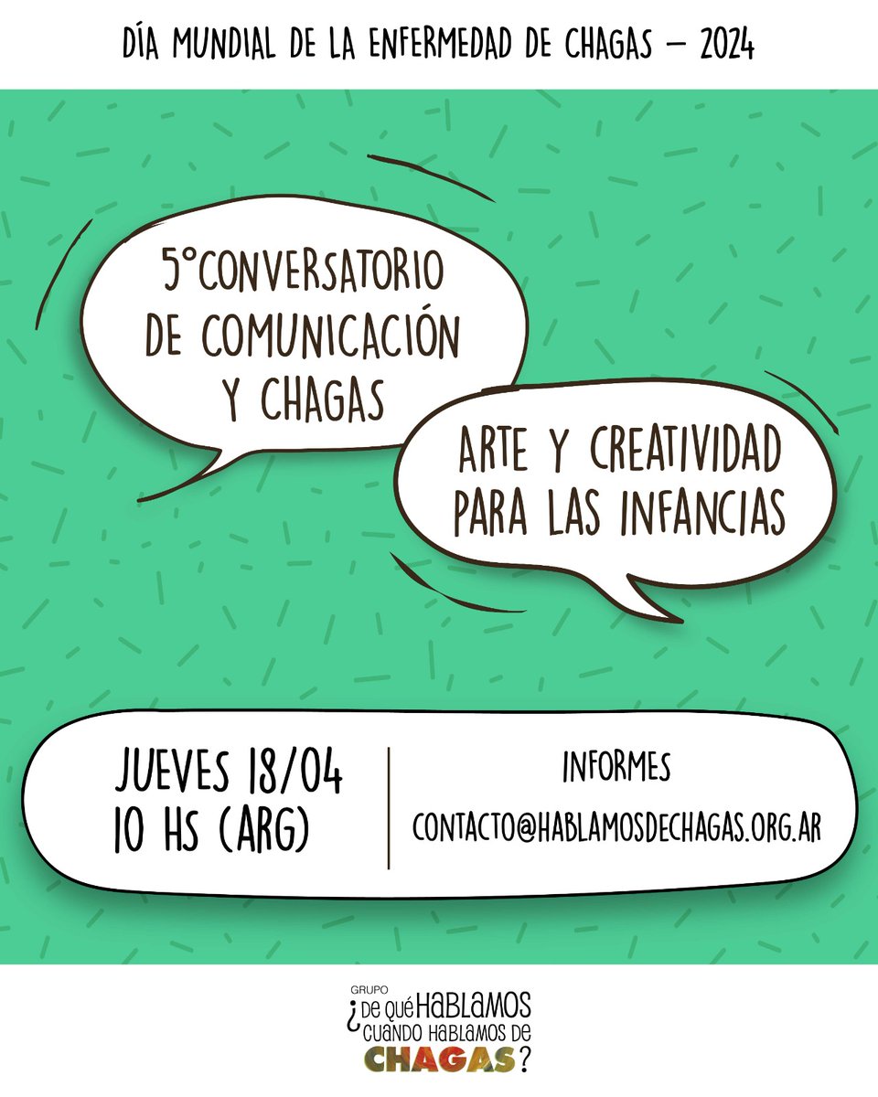 5° Conversatorio virtual de #Comunicación y #Chagas! 

En esta edición @hablodechagas comparte experiencias y reflexiones sobre '#Arte y #creatividad para las Infancias'.

🗓️ 18 de abril ⏰ 10 h (#Argentina 🇦🇷)
✍️ forms.gle/x3wzzjXxx22W2X…

#BeatNTDs #Agenda2030 #NTDroadmap #evento