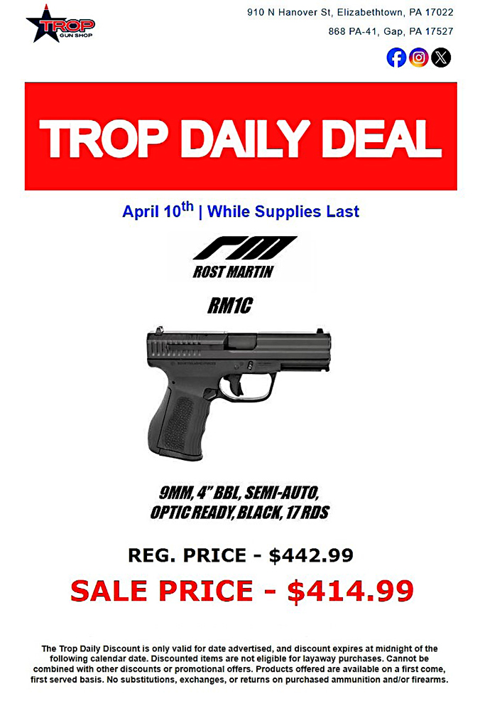 If you want American made with exceptional quality, look no further than Rost Martin out of Dallas, Texas! Save on your RM1C today! #tropgunshop #dailydeal #rostmartin #RM1C #9mm #savemoney #americanmade #texas #2A 

shop.tropgun.com/deals