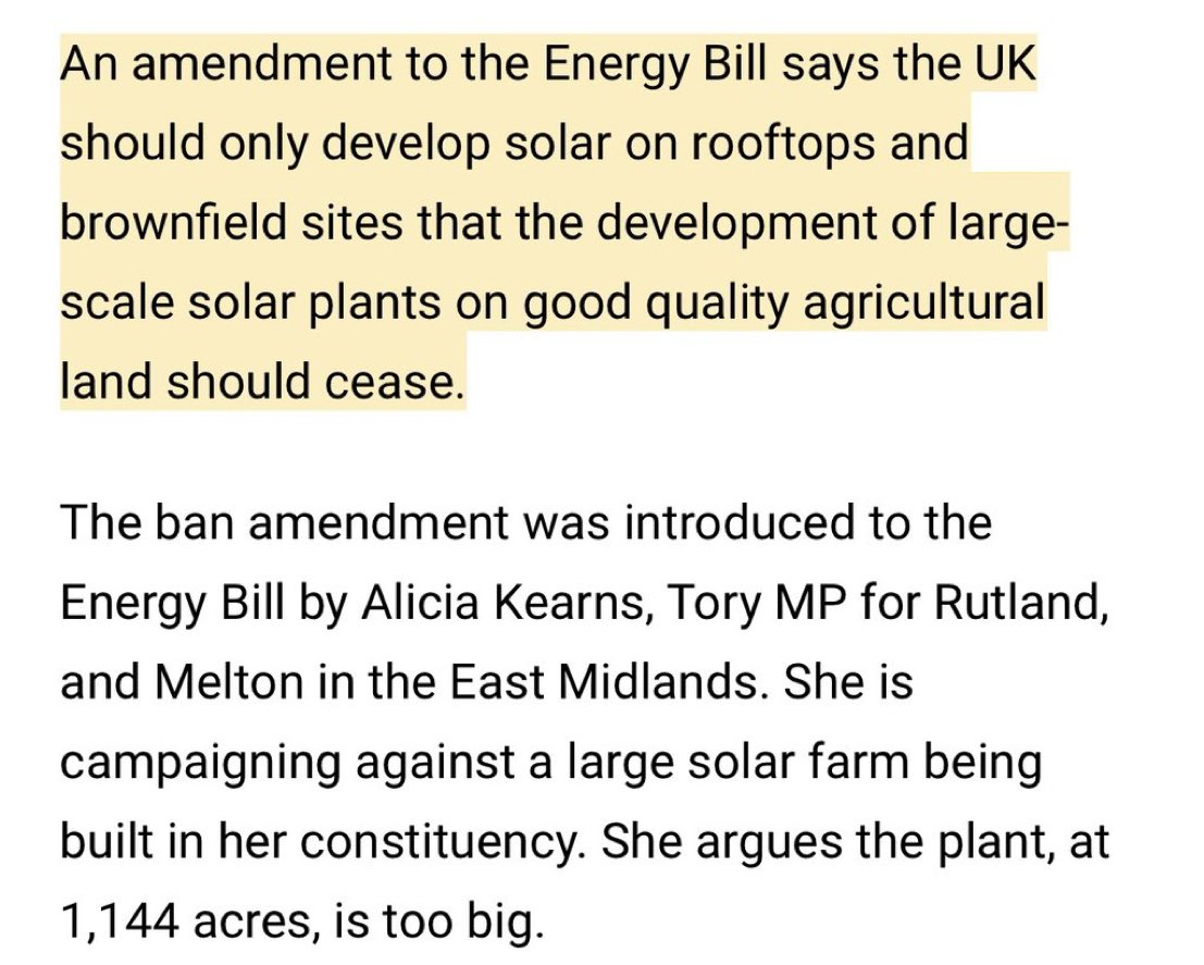 Solar panels should not be put on prime agricultural land. Put them on rooftops or brownfield land only. As stated in a proposed amendment to the Energy Bill.