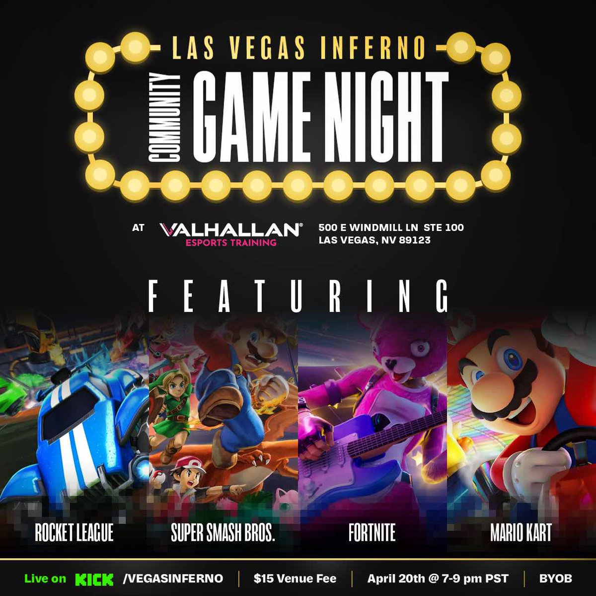 Las Vegas Inferno Community Game Night is here!!!! Join us at @702Valhallan while we play Super Smash, Mario Kart, Rocket League, Fortnite and MORE!! Live on @KickStreaming on 4/20! 💰Venue Fee: $15 🗓️April 20th ⏰7:00PM-9:00PM 🍻BYOB 📍500 E WINDMILL LN, STE 100 LAS VEGAS,…