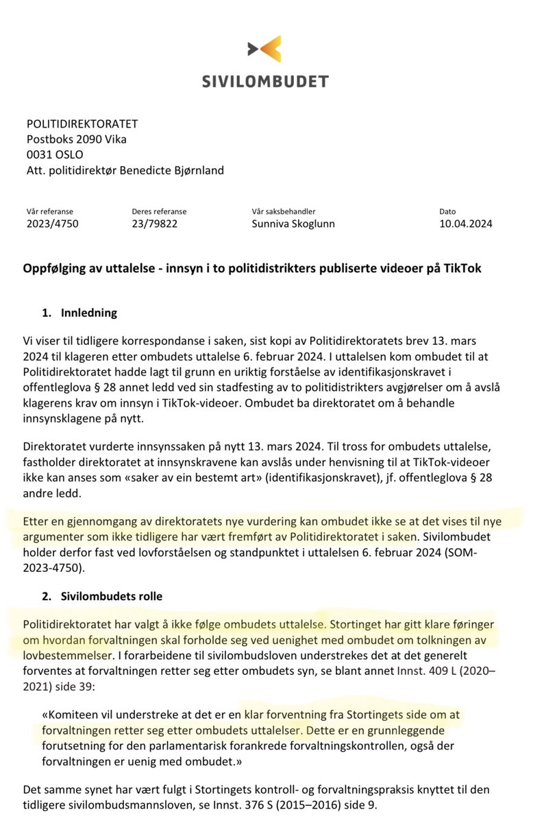 NITECH30's tweet photo. Som alle etater må også @Politidir følge uttalelser fra @SivOmb men… det gjør de ikke! @Politidir bruker offentleglova 28 for å begrense innsynsretten, en lov tiltenkt å bidra til at forvaltningen er åpen og gjennomsiktig. @Politidir må rette seg etter @SivOmb om de liker det eller ei.