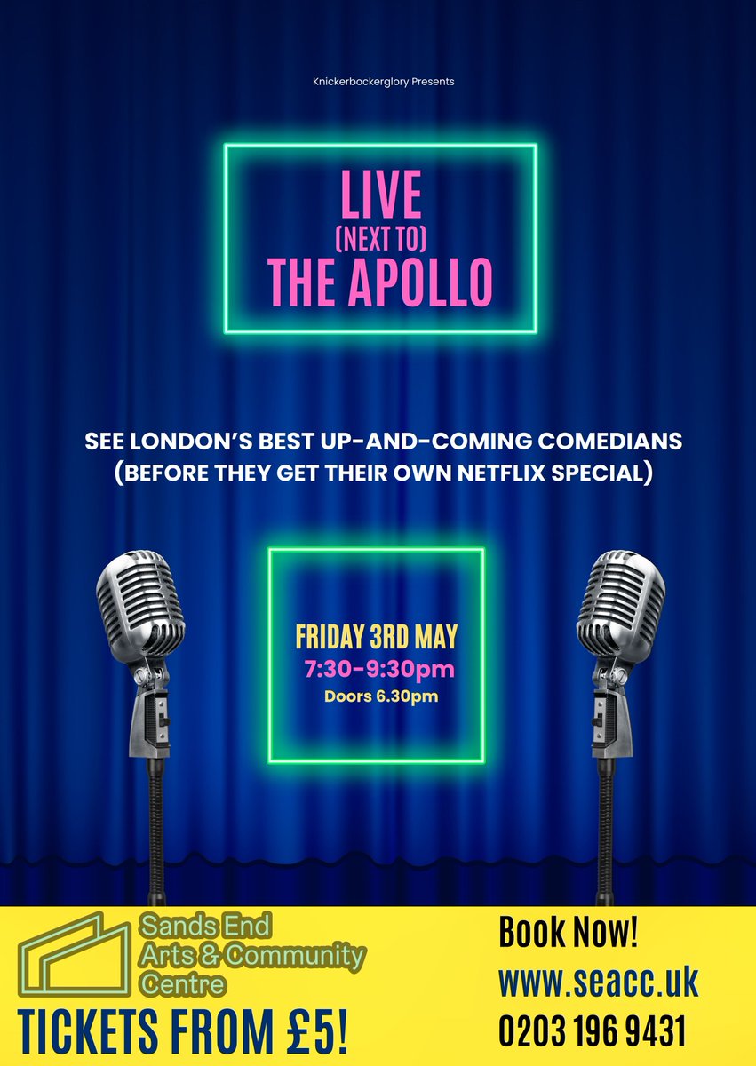Live (next to) The Apollo @SeaccFulham Friday 3rd May, 7.30pm-9.30pm. A specially selected line up of London’s best and up-and-coming comedians from London, commutable distances from London and the odd international superstar willing to make you laugh for absolute peanuts.