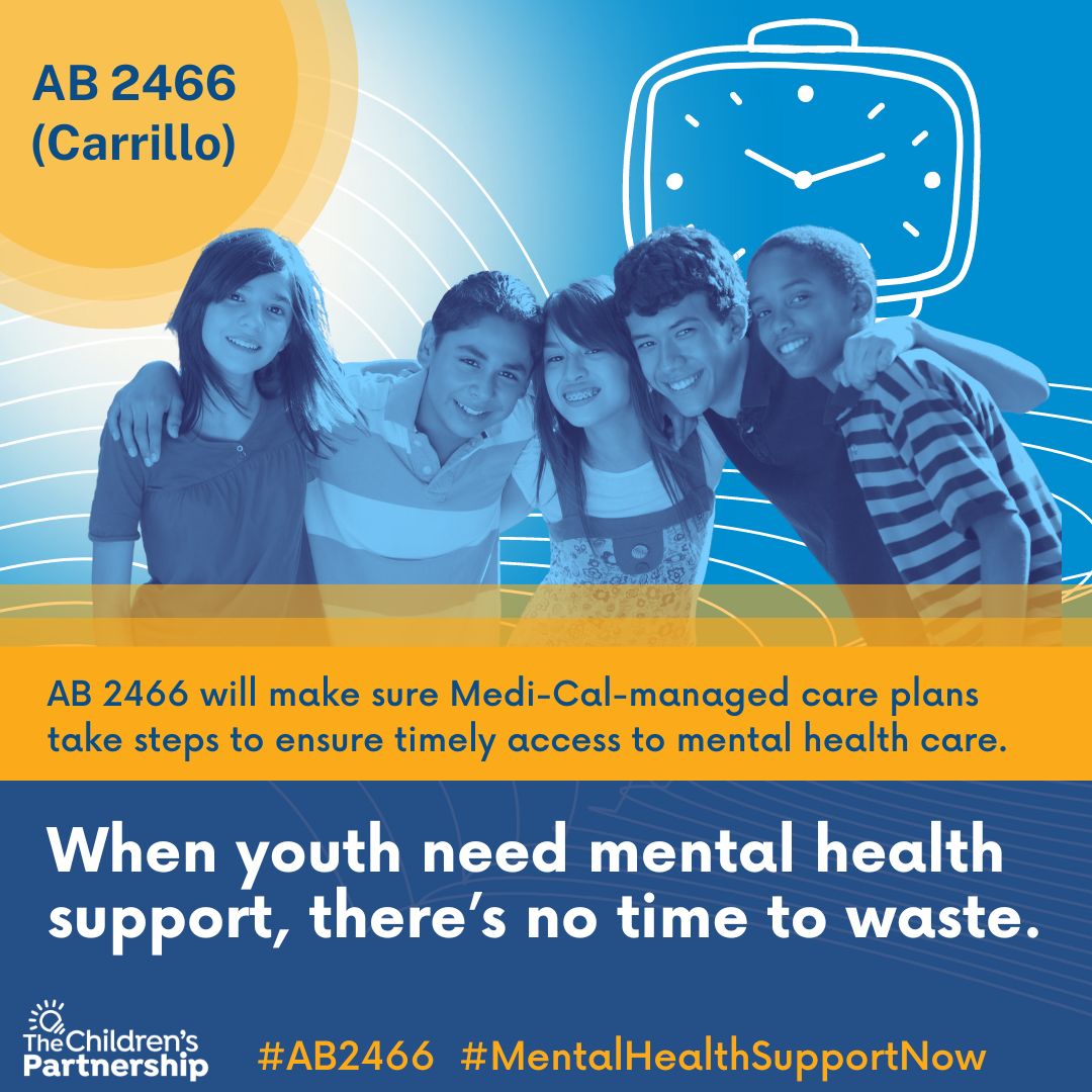 ⏳When youth need #MentalHealth support, there's no time to waste. Wait times can be *weeks* long for our kids in crisis. We can’t afford to put our children on the back burner. #AB2466 (@AsmCarrillo) can help kids on #MediCal get help when they need it.
