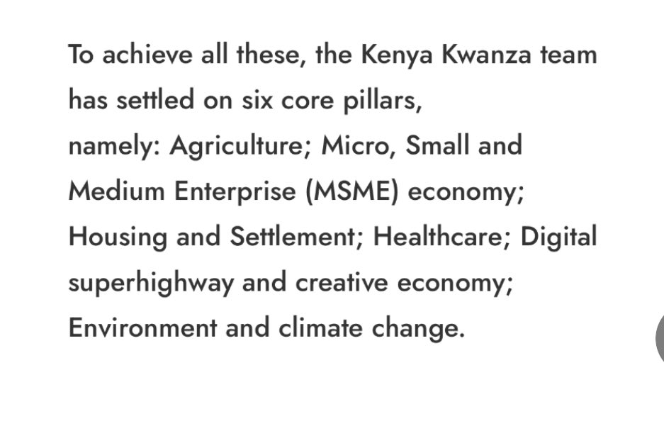 Kenya Kwisha in less than 2 Years have completely destroyed the Six core Pillars of their agenda;
For instance Agriculture - fake fertilizer, healthcare - unresolved Doctors strike,
Housing and settlement - demolitions and displacement, 
MSME economy - closures of MSMEs!!
&?
😂😂