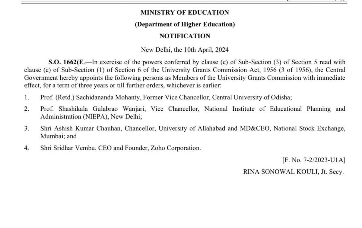 Sridhar Vembu, CEO of Zoho Corporation and Ashish Kumar Chauhan, Chancellor, Allahabad University appointed as members of UGC.