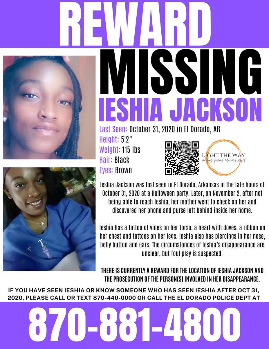 There is currently a $10,000 #reward for the location of #Missing Ieshia Jackson and the prosecution of the person(s) involved in her disappearance.  #MissingPosterMonday #IeshiaJackson #Arkansas #MondayMotivation #MissingPerson #IeshiaJacksonMatters