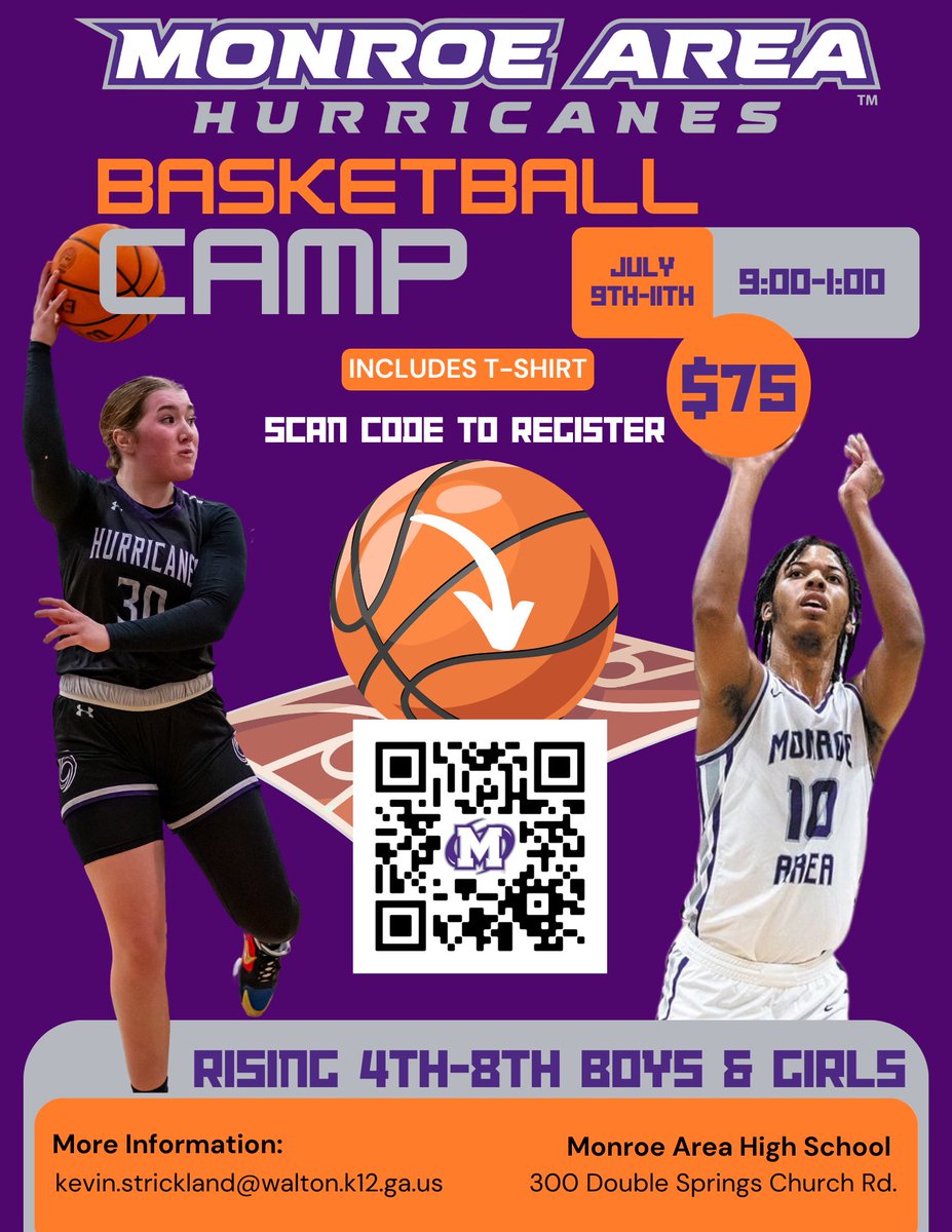 Monroe Area Basketball Camp is open for registration‼️ This camp is for BOYS & GIRLS 👀 📆 July 9th - July 11th 🕓 9:00-1:00 📍 MAHS Use the QR Code below, or the link in our profile to register. T-Shirt included!
