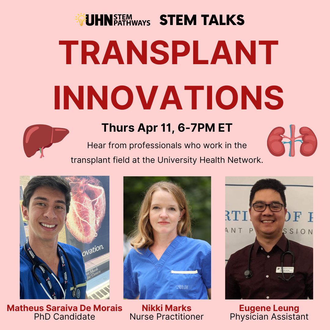 Our March #STEM Talks is TOMORROW! Join us at 6pm ET to learn about Transplant Innovations @UHN. Youth will hear from an amazing group of panelists working in this field. 🩺🧫🔬 #TeamTransplant Register here: us06web.zoom.us/meeting/regist…