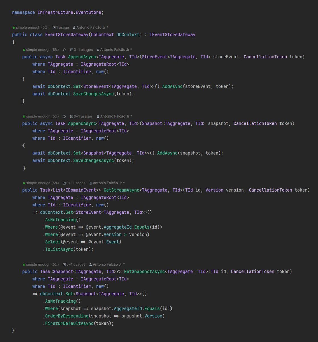 The simplicity of dealing with the 'stream' was what first attracted my interest in #EventSourcing, and #EFCore has been a great ally in keeping it this way

#dotnet #csharp