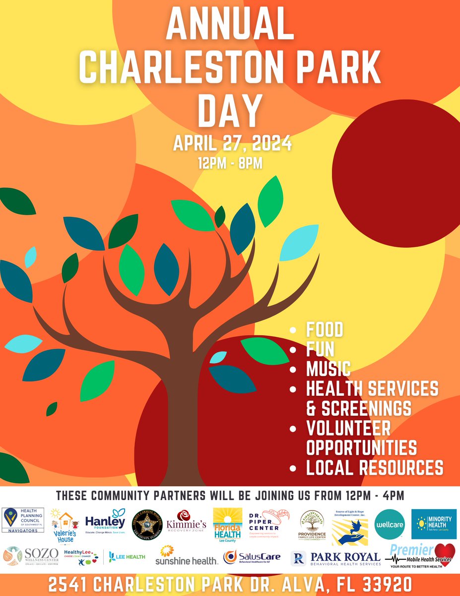 🚨Happening tomorrow!🚨

Join us and other community partners at the Annual Charleston Park Day.

When: April 27, 2024, 12 p.m.-8 p.m.
Where: 2541 Charleston Park Dr. Alva, FL 33920

See below for details. 
#MinotityHealthMonth #HealthyLiving #HealthyCommunities