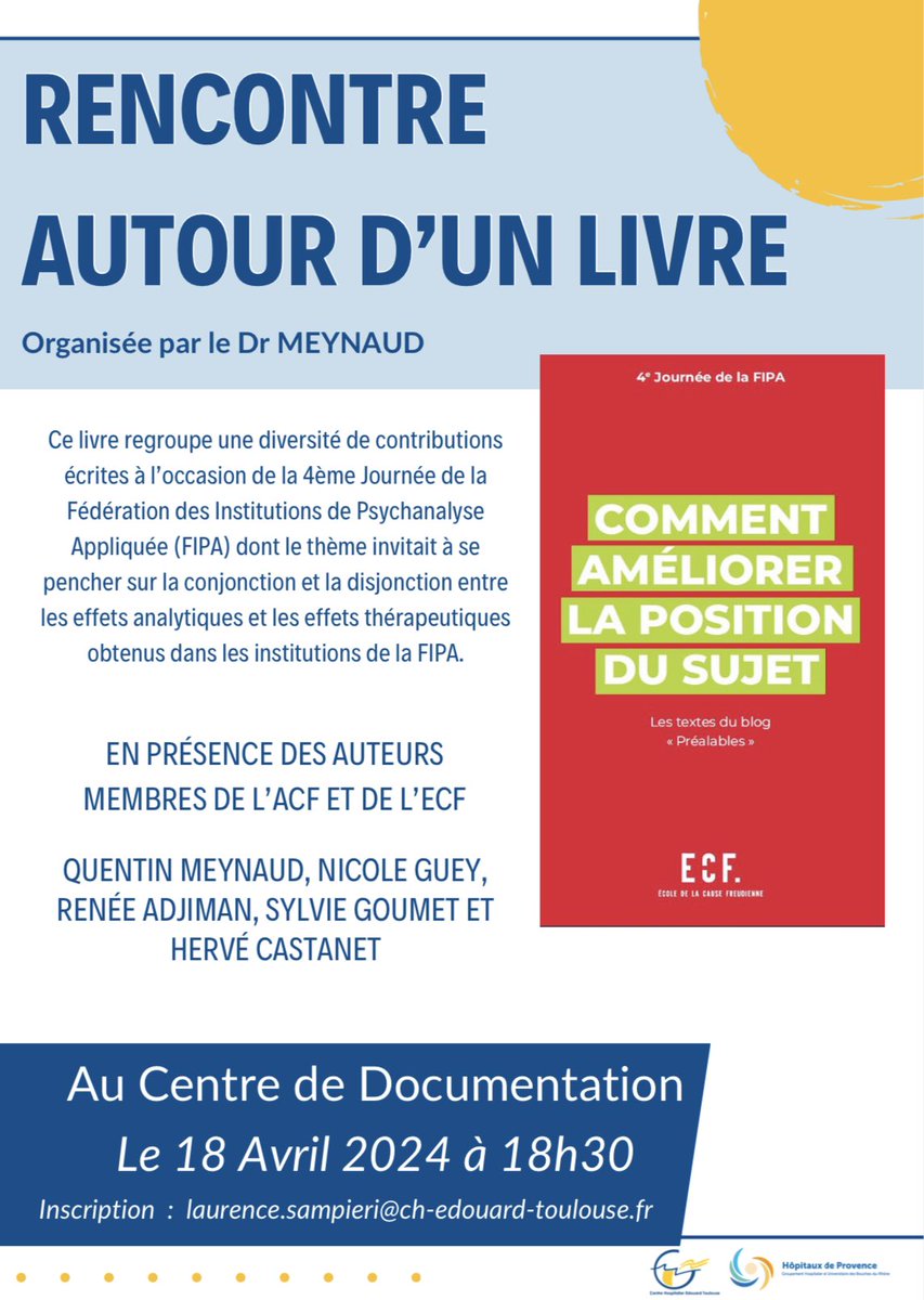ACFenMAP's tweet photo. 🔹 Rencontre autour d’un livre

🗓️ Jeudi 18 avril à 18h30 au centre de documentation de l’hôpital Edouard Toulouse à Marseille https://t.co/IkwwTvlPXU