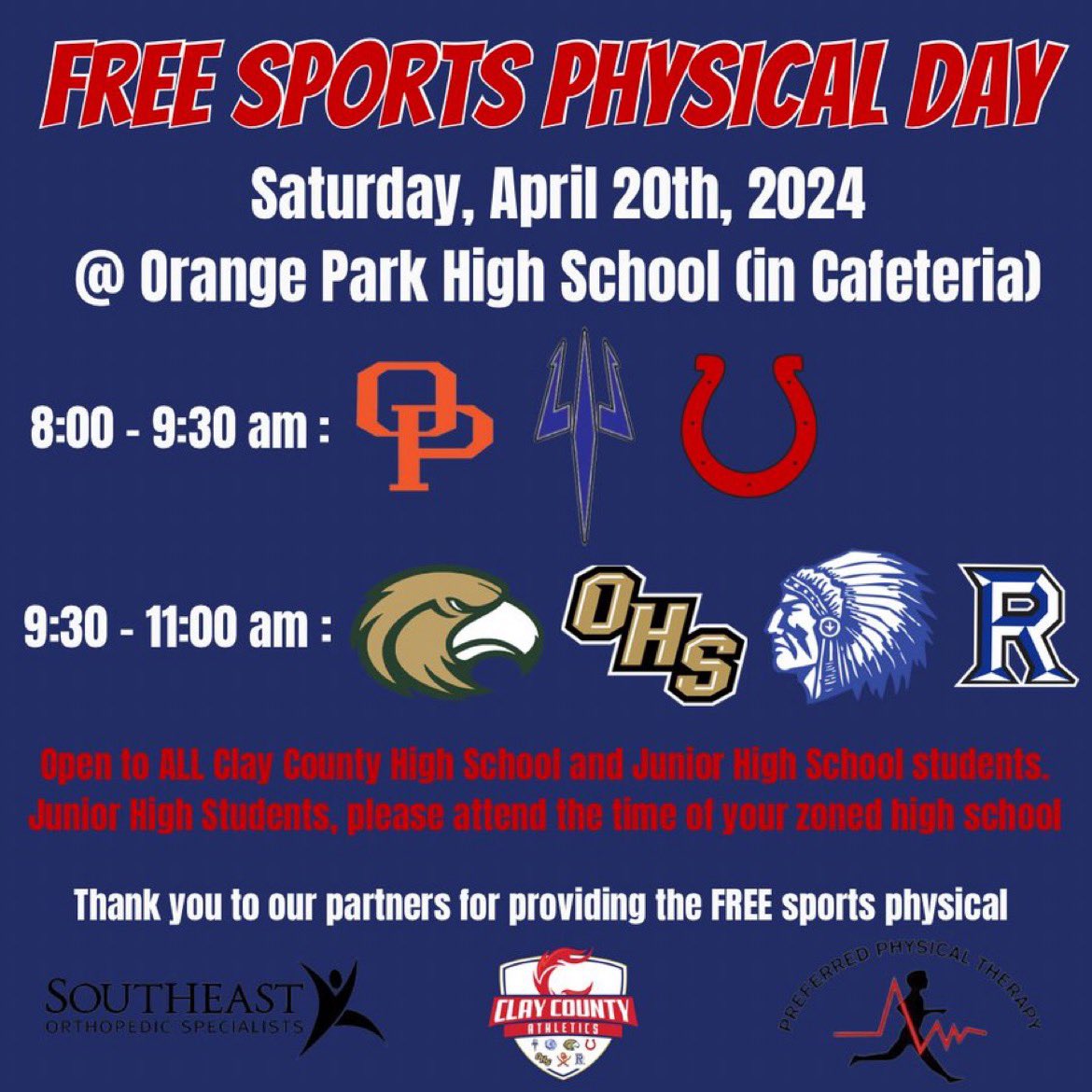 MARK YOUR CALENDARS: Free Sports Physical Day! Saturday, April 20th, 2024 at Orange Park High School! Thank you to our partners at Preferred Physical Therapy and Southeast Orthopedics for providing FREE SPORTS PHYSICALS to our student athletes!