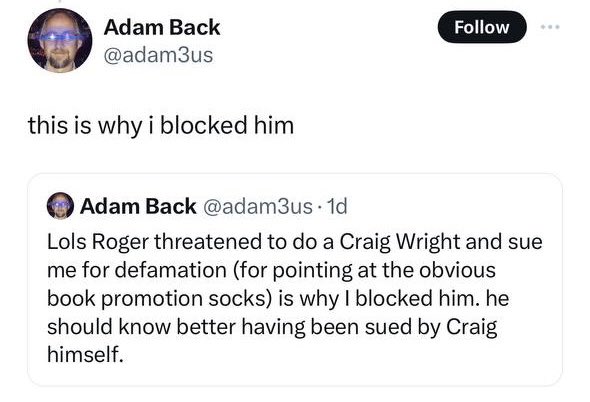 Adam’s been lying about sock puppets for years and is now pretending to not understand that I simply asked the public if I should sue him. He already knows I’m not going to sue him. Instead I wrote a whole book exposing him as the lying hijacker of #Bitcoin that he is.…