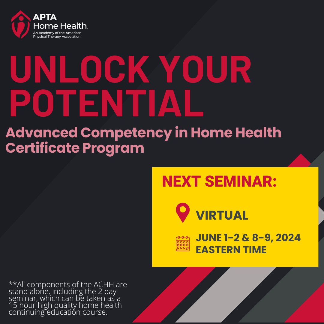 Register now for the next VIRTUAL ACHH Seminar! Click here for more information & to register: loom.ly/sO-RlBI #AHH #APTAHomeHealth #APTA #HomeHealth #HomeHealthPT #HomeHealthPTA #PhysicalTherapy #PhysicalTherapist #PhysicalTherapistAssistant #ACHH