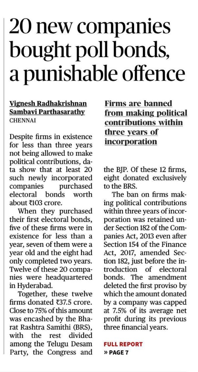 Another #ElectoralBonds scam! Blatant violation of the Companies Act- 20 companies less than three years old donated 100+ crore thru bonds. Court monitored probe required into all these dodgy donations made behind a veil of secrecy. Excellent work by @VigneshJourno & @the_hindu