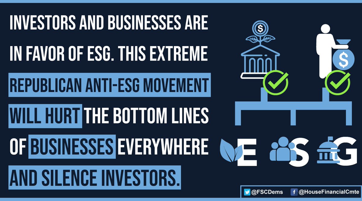 Climate risk IS investment risk. That’s why @FSCDems are working overtime to thwart the extreme MAGA Republican anti-ESG agenda that would BAN sustainable investing & deny investors the option to screen out environmentally or socially harmful stocks. Watch or listen to it LIVE:…