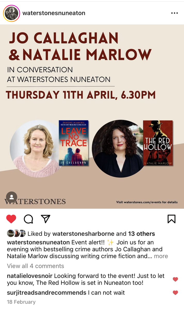 I can’t believe this is tomorrow! Come along and hear the wonderful @NatalieMarlow2 (author of Needless Alley and Red Hollow) and me talk about our latest books - both set in Nuneaton! Tickets from the shop 👇