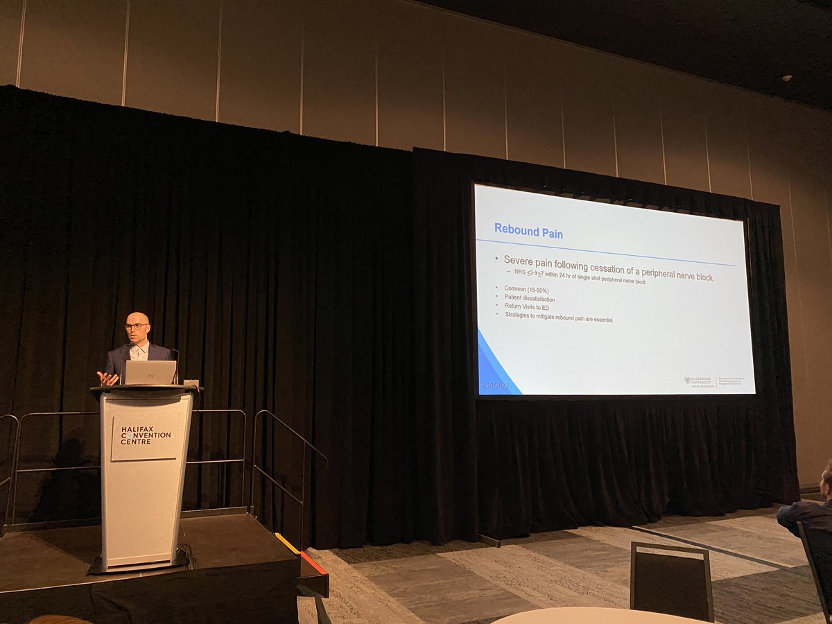 @DalAnesthesia fellow Dr. Dan Werry presenting their topic “The effect of dexamethasone dose and timing on the incidence and severity of rebound pain after regional anesthesia for ambulatory surgery” at #ANESRD24 @DalhousiePain
