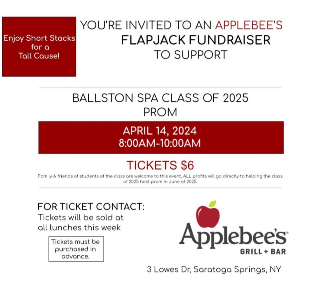 Support the Class of 2025 at Applebee's in Wilton this Sunday for a pancake breakfast!!  Tickets are only $6 and will be sold during lunches this week.  See a Class of 2025 representative for more information! #goscotties