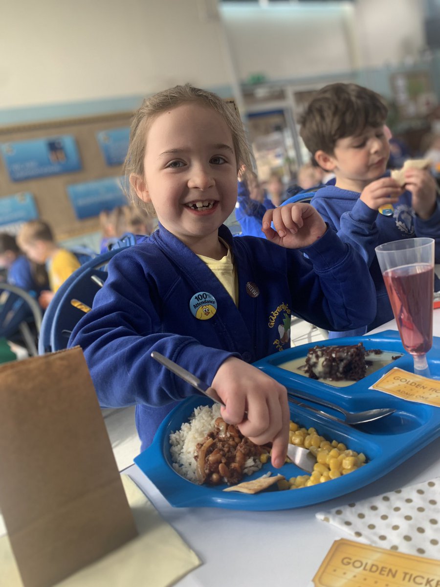 These children are enjoying eating at our golden table today as a reward for their 100% attendance in the autumn term.