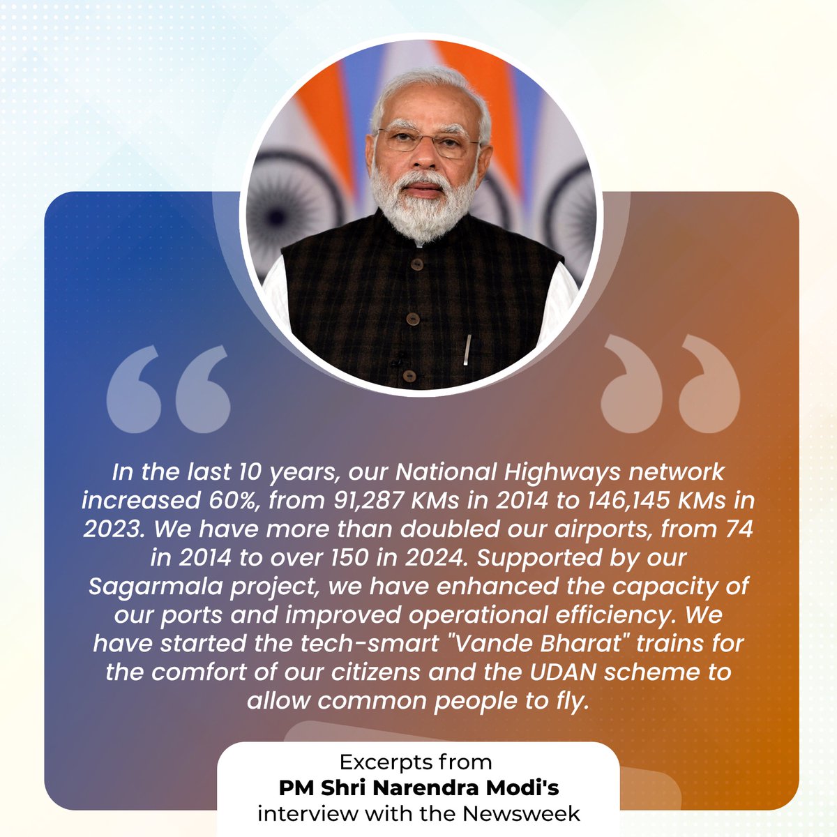 In the last 10 years, our National Highways network increased 60%...We have more than doubled our airports...

Excerpts from PM Shri @narendramodi's interview with Newsweek.