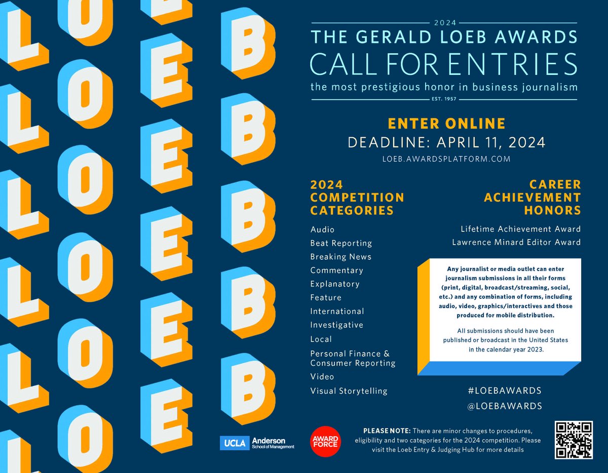 🤳Calling all members of the @NYABJ: Your reporting deserves the highest recognition in business #journalism. The #LoebAwards has 12 competition categories and a fast entry platform. Deadline is tomorrow (4/11)🗳️: loeb.awardsplatform.com