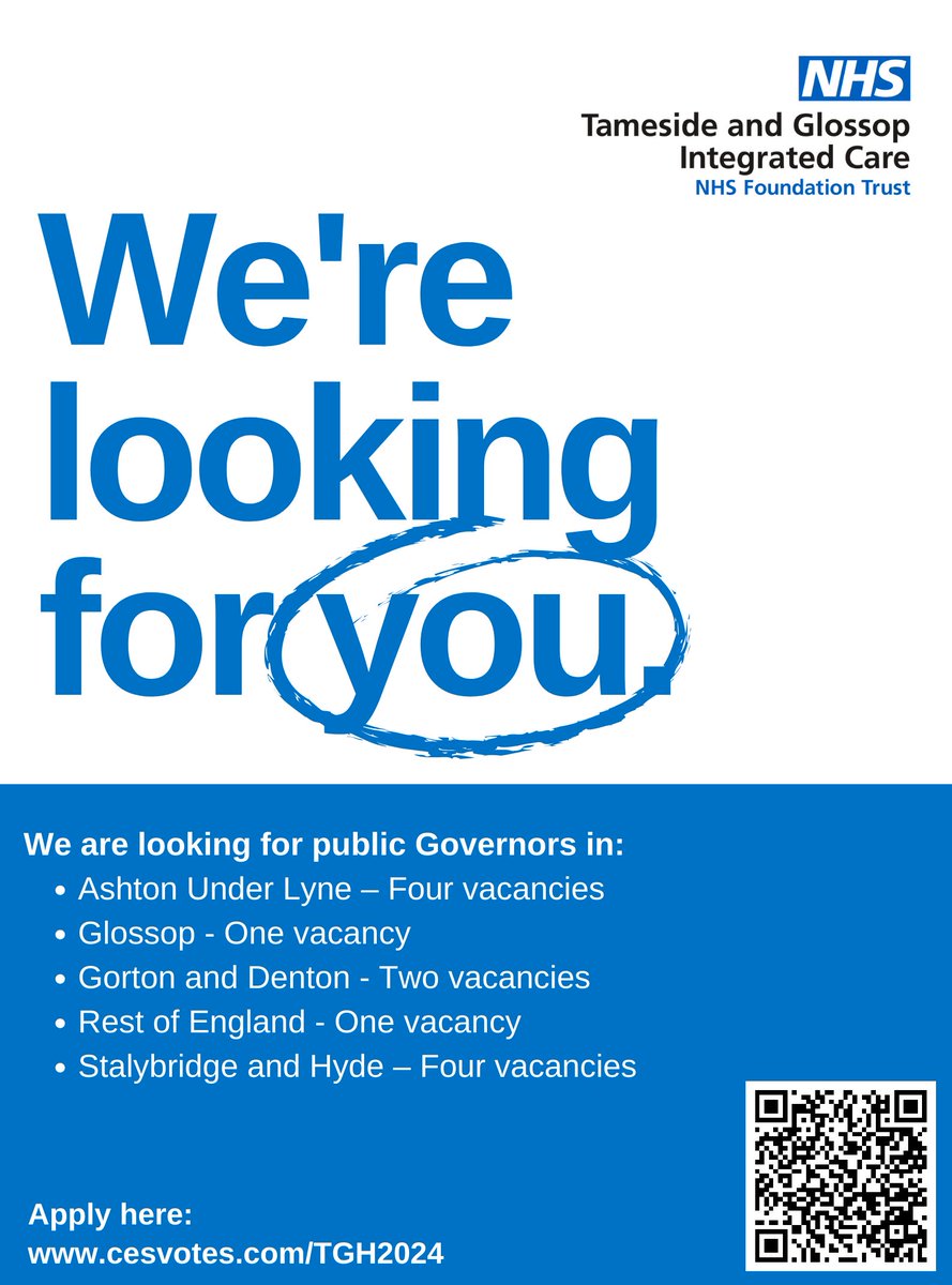 ℹ We're looking for you! We are recruiting new Governors to sit on our Council of Governors and represent the views of the local community ✅ Nominations close on Tuesday 16 April 📅➡ tamesideandglossopicft.nhs.uk/news-and-event…