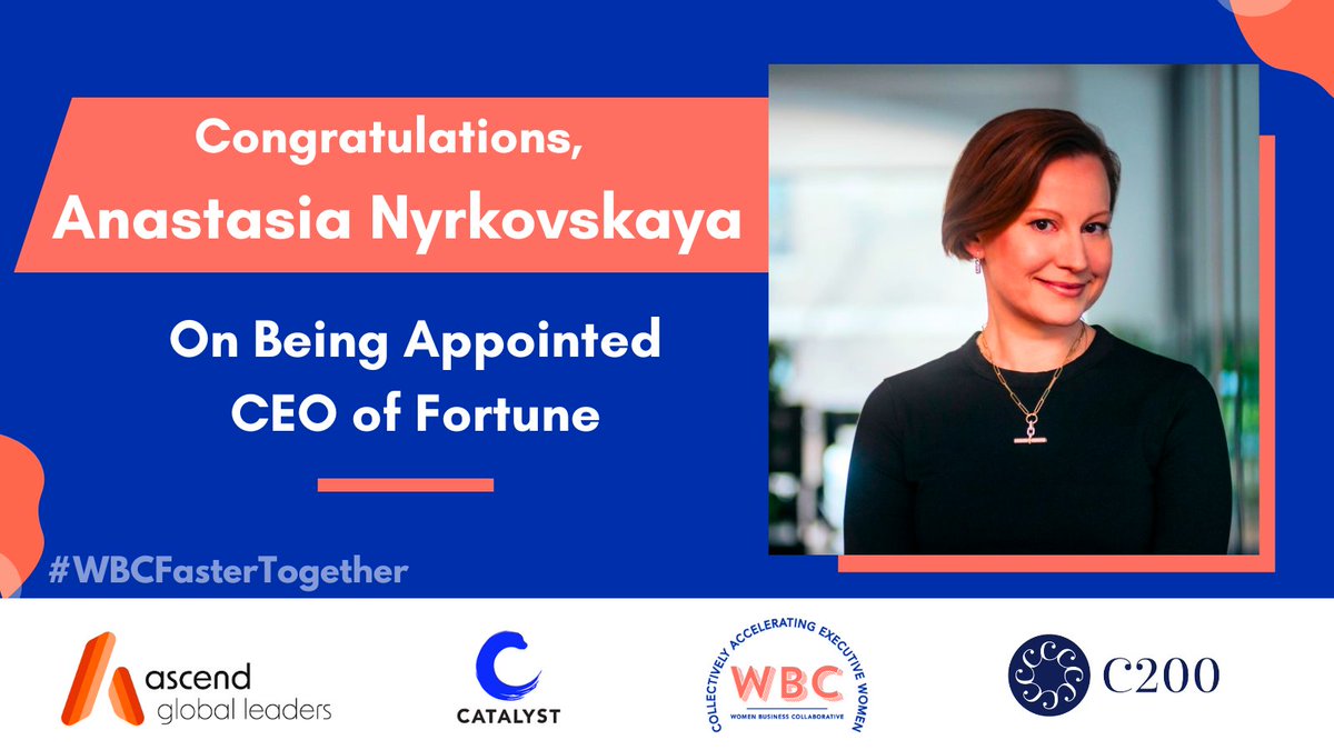 WBC, @AscendLeader, @CatalystInc, and @committeeof200 celebrate Anastasia Nyrkovskaya's historic appointment as @FortuneMagazine's first female CEO, effective May 2024. 🚀 Here's to breaking new ground and inspiring a future generation of female leaders!