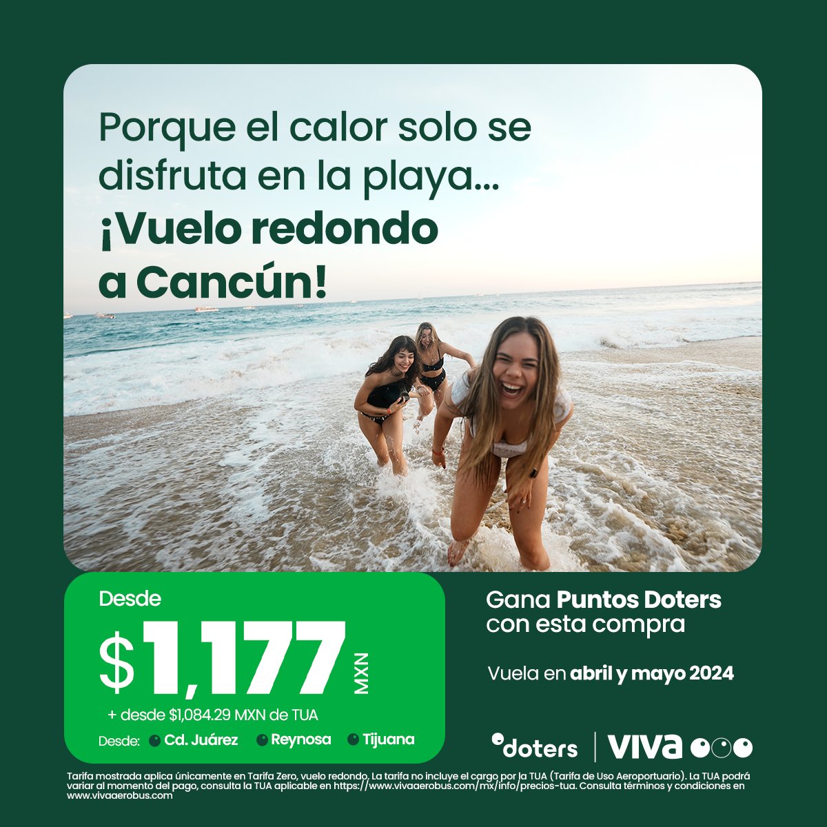 ¡En el mar la vida es más sabrosa! 🌊🏖️☀️ Vuela a Cancún en abril y mayo saliendo desde Cd Juarez, Reynosa o Tijuana desde $1,117 MXN + $1,084.29 MXN de TUA. ✈️🧳 ¡Reserva ahora! bit.ly/4aYhaXA