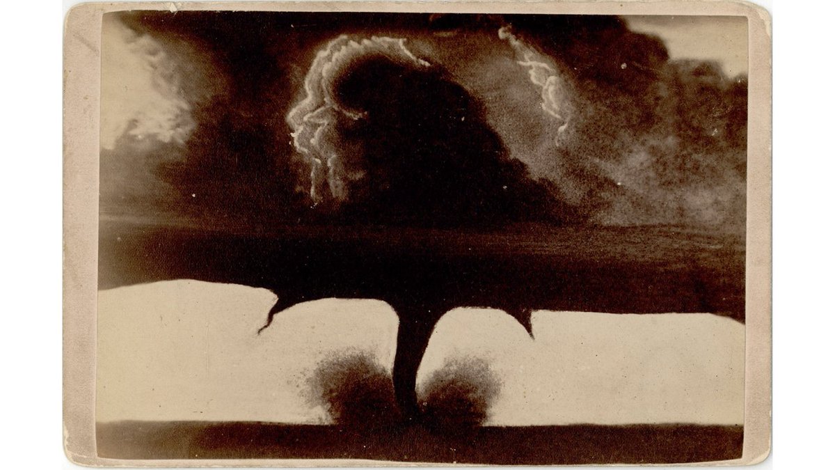 Imagine setting up your camera on a tripod to take this photo… in 1884! This is one of the earliest photos of a tornado, taken by F.N. Robinson in the Dakota Territory (now South Dakota). Learn more at: noaa.gov/heritage/stori… #tornado #cyclone #history #WeatherHistory