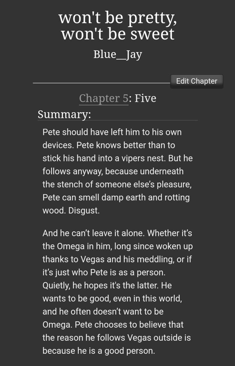 BluestJayy's tweet photo. ❤️‍🔥won't be pretty, won't be sweet❤️‍🔥

✨CHAPTER UPDATE✨

📚Chapter 5/?
✍️5.1k
🅾️VegasPete Omegaverse - Kuen Kaan Pete

Read Here: https://t.co/dFlzvT1Rlj https://t.co/7nGOJkT88T
