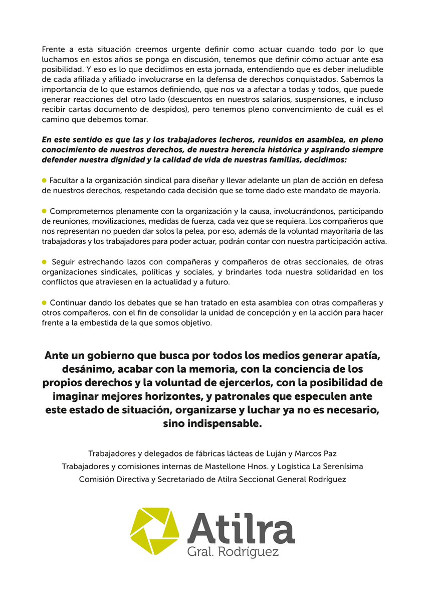 Atilra_GR's tweet photo. ✌️ Seamos la pesadilla de quienes pretenden arrebatarnos los sueños. 

📍DOCUMENTO completo de la ASAMBLEA GENERAL de Atilra Seccional General Rodríguez. https://t.co/LBNFEA0qKk