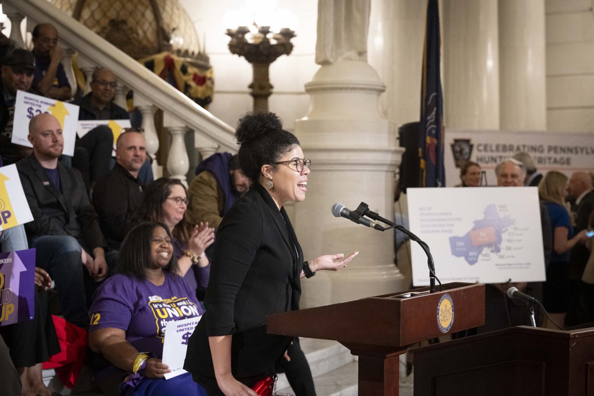 Proud to stand with @seiuhcpa @32BJSEIU @seiu668 @UFCWLocal1776 @MakeTheRoadPA & my @pahousedems colleagues in SUPPORT of raising the minimum wage and improving conditions for ALL our WORKERS! It's time for the #PASenate to #RaiseTheWage and move Pennsylvania forward!