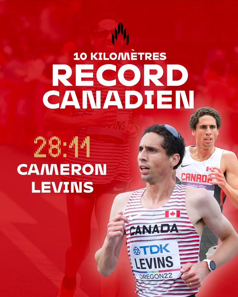 Cameron Levins ties the 10km 🇨🇦 record with a time of 28:11 🤯💨 Levins ran 28:11 in Paris at the Paris Festival of Running 10km and if ratified, this would equal the Canadian record held by Ben Flanagan 👏 *Subject to final ratification