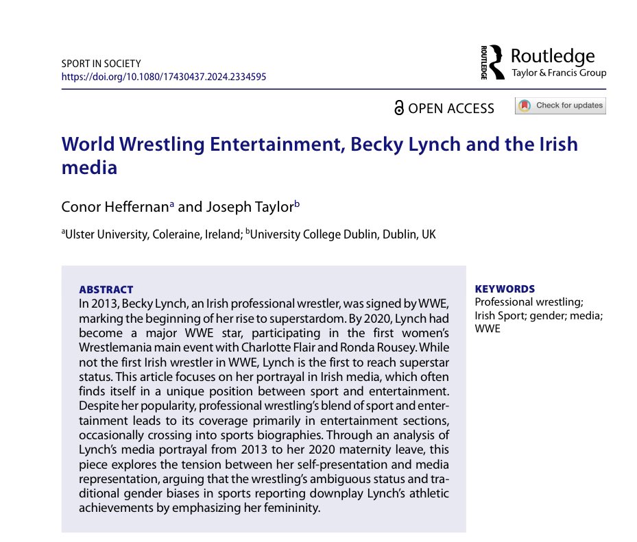 🚨 NEW PUBLICATION 🚨 Congratulations Dr @PhysCstudy & co-author on their recent publication in @SportInSocietyJ examining @WWE superstar Becky Lynch’s rise to stardom and Irish journalism👏👏👏 👉tandfonline.com/doi/full/10.10…