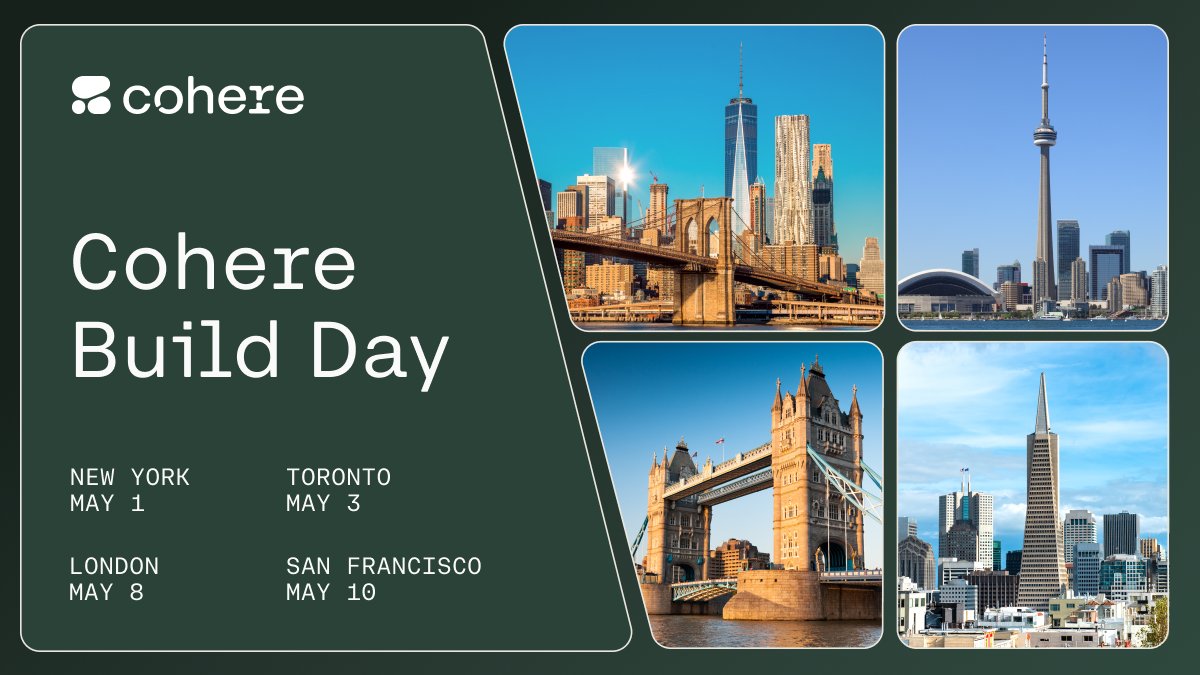 Get ready for Cohere Build Day 🌐 Join our exclusive developer workshop in 4 cities! Dive into our new Command R & R+ models and learn from Cohere experts to develop enterprise-grade AI solutions. Submit your interest to attend now: info.cohere.ai/cohere-build-d…