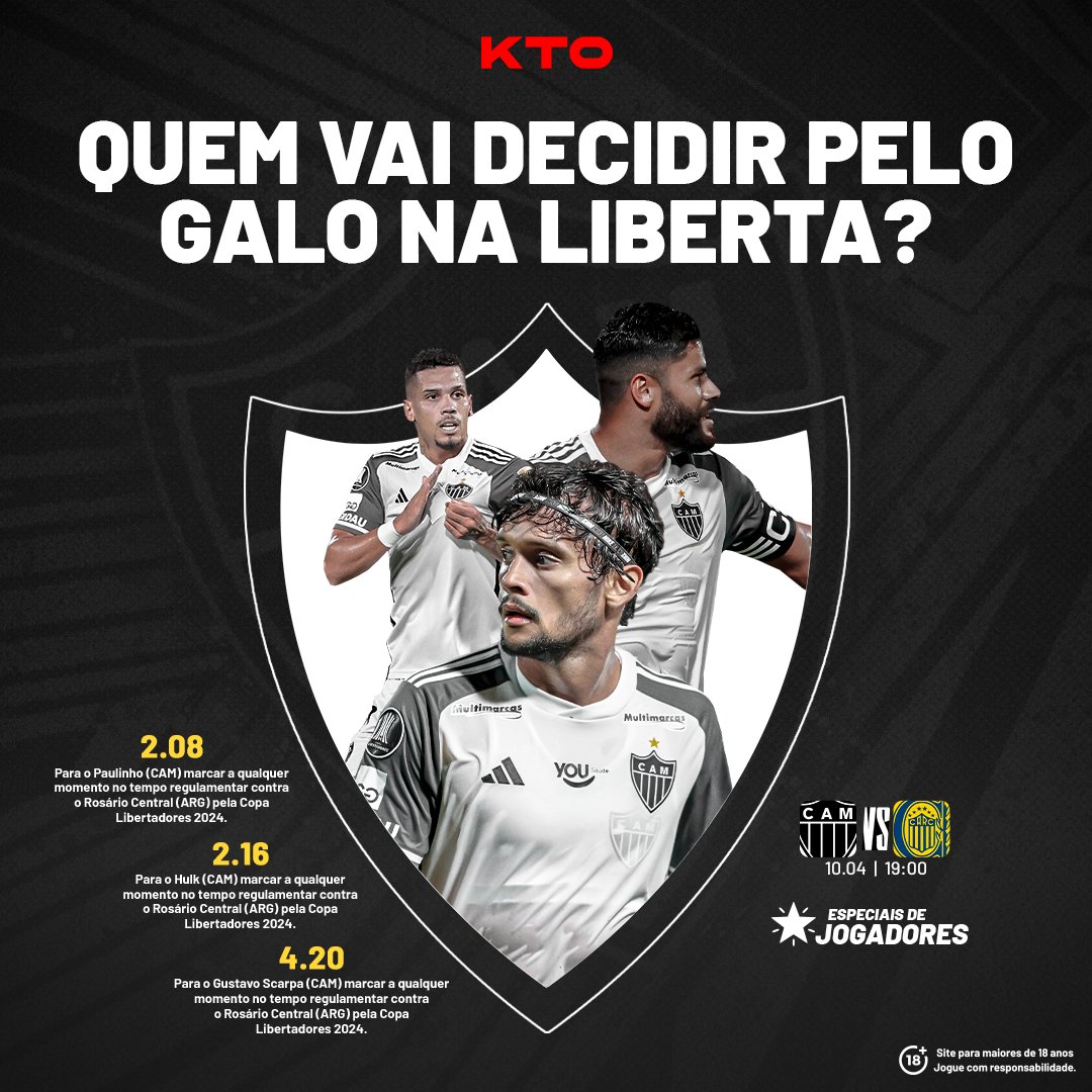 🐓 QUEM VAI CRAVAR PELO GALO? 🐓 O Atlético-MG foi campeão estadual no domingo e agora, vira a chave para a Libertadores! 🔑 Na final, Hulk e Scarpa marcaram contra o Cruzeiro. Paulinho estreou na Liberta com dois gols. E aí, quem crava hoje? Palpite 👉 bit.ly/KTO_TT