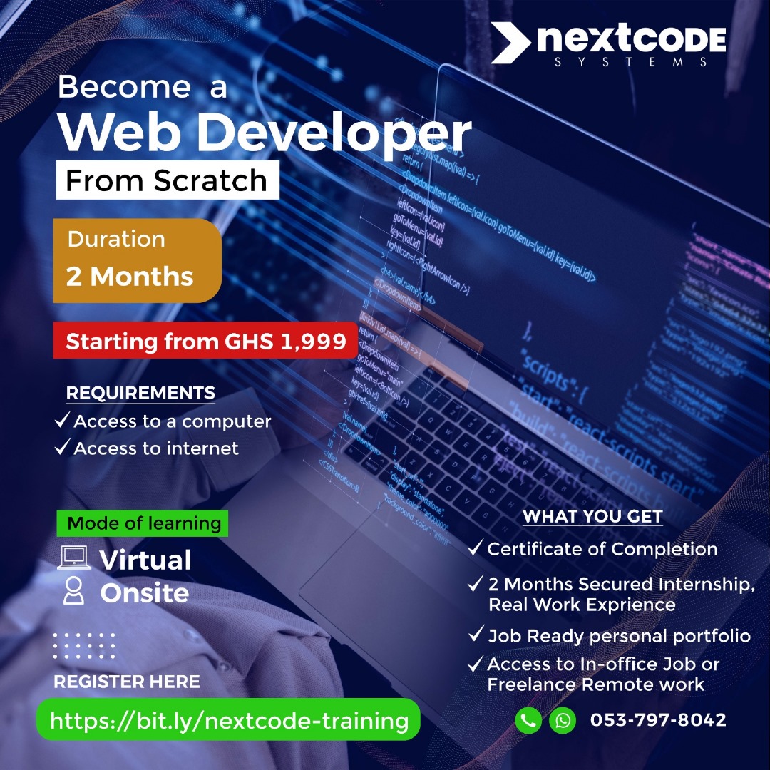 nextcodesystems's tweet photo. Ready to start your web dev journey? Join Next Code Systems' "Become a Web Developer from Scratch" course! 🌐In just 2 months, gain essential skills for the dynamic world of web development.   Secure a 2-month internship &amp; more  Register now at https://t.co/11NuDzWbPt https://t.co/a0YfZCdKnu