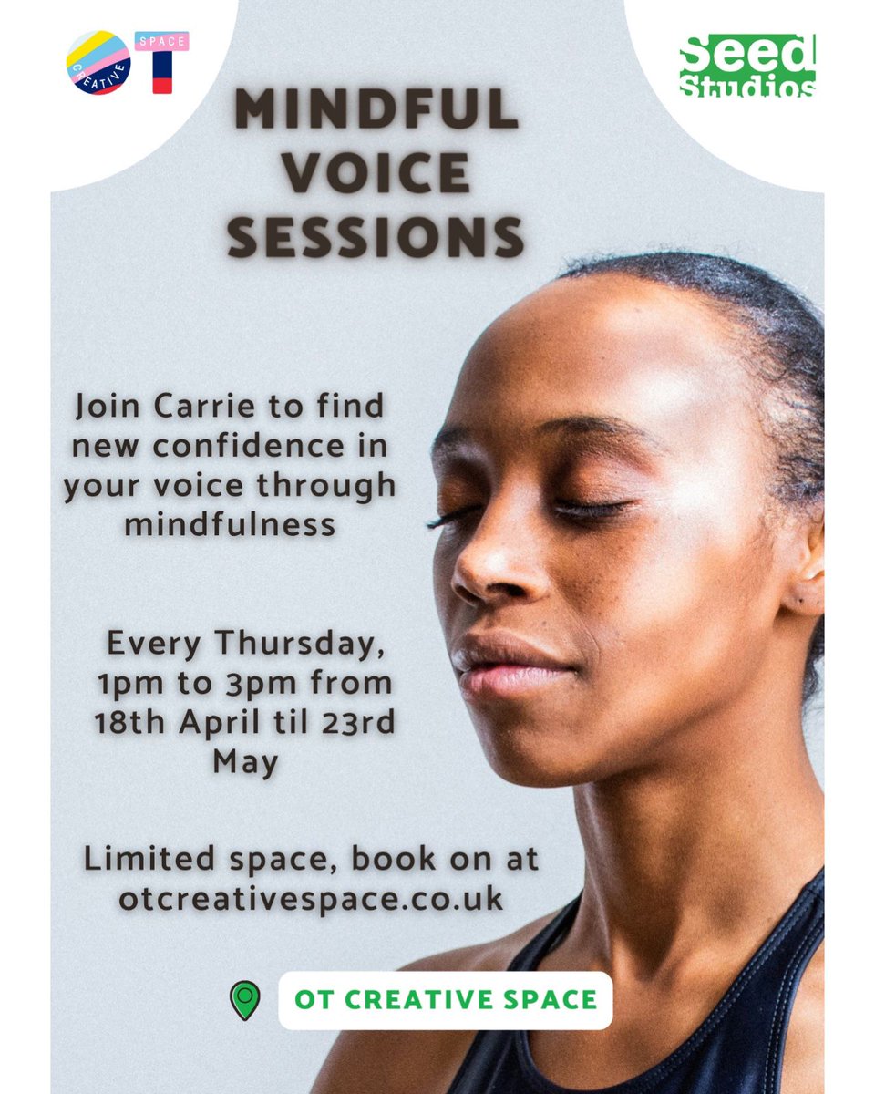 We are delighted to be working with @OTcreativespace to bring you these mindful voice sessions led by Carrie Williams! Carrie will be using mindfulness, vocal exercises and creative writing to help you find new confidence in your voice. Limited places, so please book on!