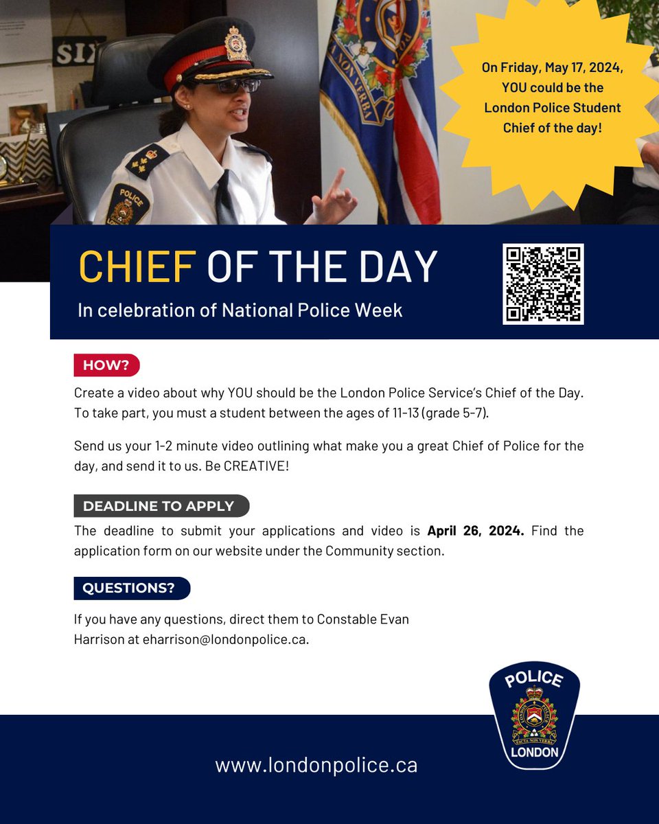 Being Chief of the Day is an unforgettable experience up for grabs for students aged 11-13 in #LdnOnt! Encourage those interested to submit a video telling us why they should be chosen for the opportunity during #PoliceWeekON. 👮 Learn more: bit.ly/43BZqxN