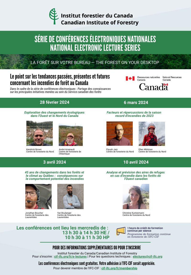 Today is the last session of the E-Lecture Series with CFS! 🌲🖥️ Tune in at 1:30pm ET/10:30am PT for Christine Kuntzemann's presentation on 'Analyzing and Predicting Fire Refugia in Western Canadian Forests'. Join us live now: us02web.zoom.us/webinar/regist… #WebinarWednesday