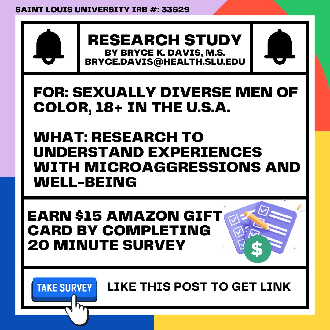 Now recruiting for my dissertation study for my PhD Program! Must be 18+, male, gay/bi/queer/etc, person of color, & living in the US! The survey is on microaggressions. Please like this post, comment, or DM if you are interested in participating! Incentive included! Thank you!