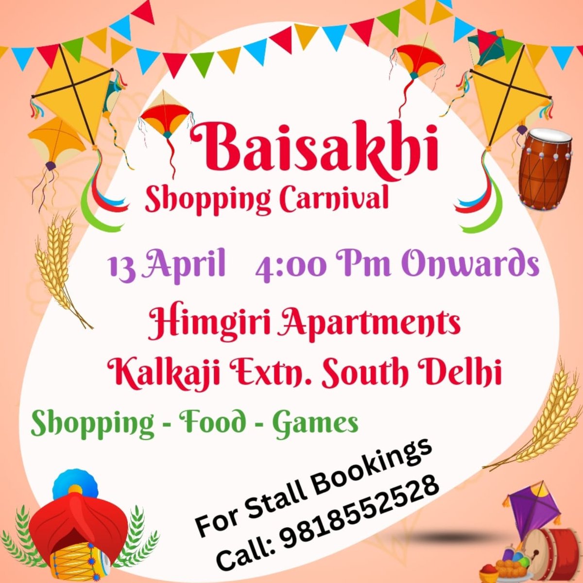 Baisakhi Shopping Carnival
Venue: Himgiri Apartments,
Kalkaji Extension. South Delhi.
April 13th 
Timings: 4:00 Pm Onwards 
𝐅𝐨𝐫 𝐬𝐭𝐚𝐥𝐥 𝐛𝐨𝐨𝐤𝐢𝐧𝐠𝐬 𝐩𝐥𝐞𝐚𝐬𝐞 𝐜𝐚𝐥𝐥/𝐰𝐡𝐚𝐭𝐬𝐚𝐩𝐩
098185 52528
#exhibition #exhibitions #exhibitioningurgaon #ExhibitionAlert