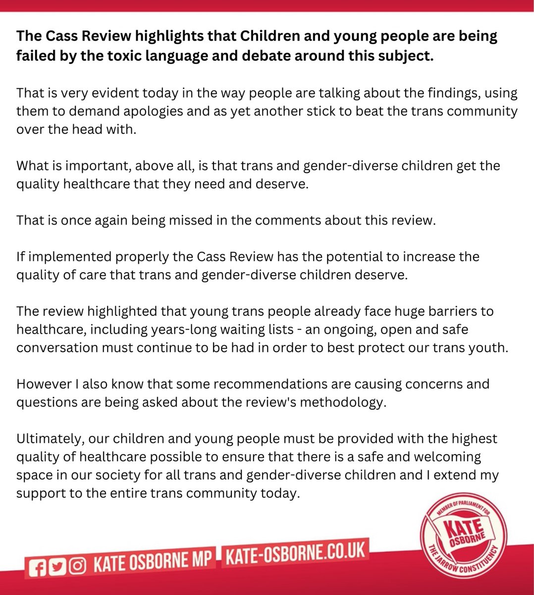 The Cass Review highlights that Children & young people are being failed by toxic language & debate around this subject. Trans and gender-diverse children must get the quality healthcare that they need and deserve. I extend my support to the entire trans community today 👇