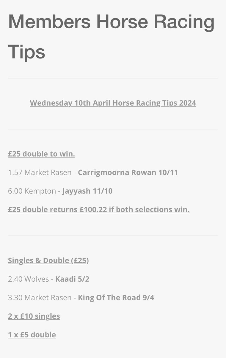 Good day on the racing for members. 4 runners, 3 winners and a 2nd. Over £130 in the end 👏🏻👏🏻