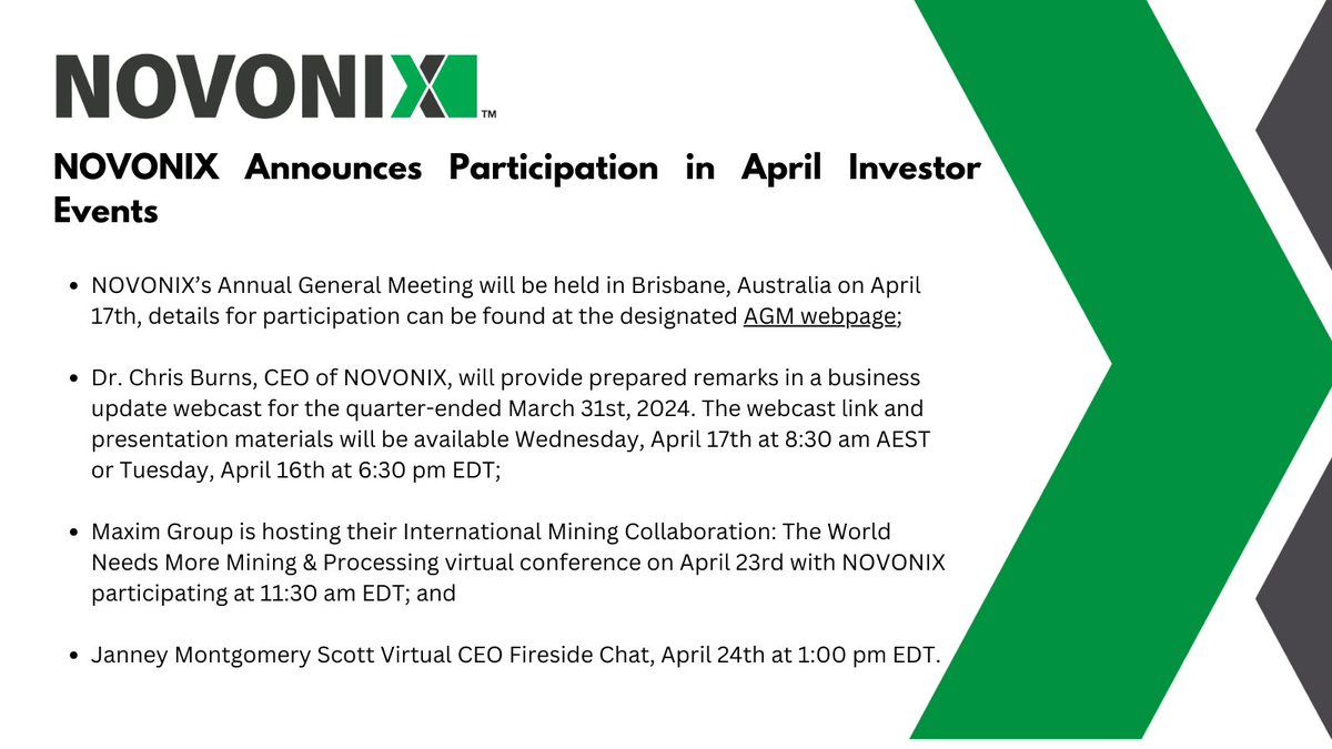 Members of the #NOVONIX executive team will be participating in several investor events during the month of April. To read the full media release, click below:

hubs.li/Q02srxzG0

#EV #batterymaterials #cleanenergy #sustainability #electricvehicles $NVX #batterysupplychain