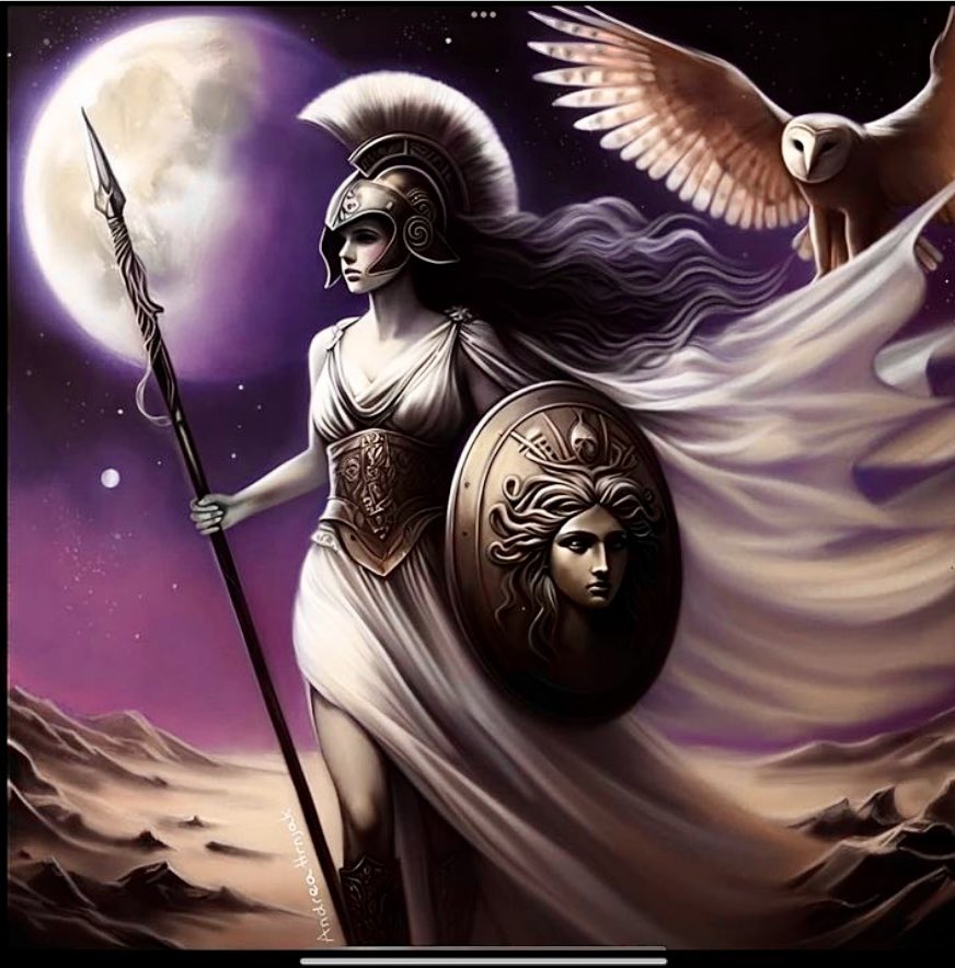 #GoddessAthena art by Andrea Hrnjak. #Goddess #Athena #barnowl #SpiritAnimal #GoddessOfWisdom #HailAthena #WomensArt #WomenEmpowerment