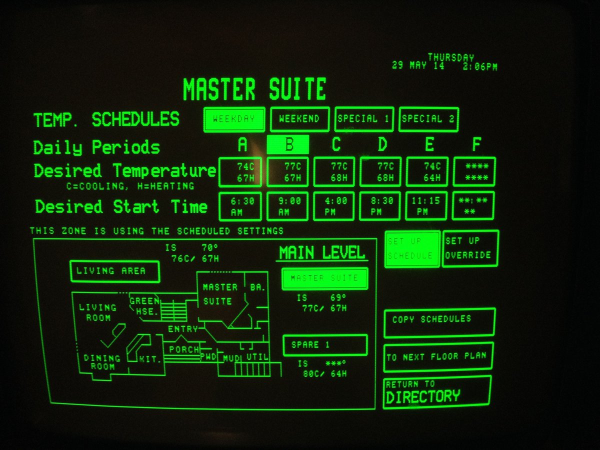 Home automation system on a CRT touchscreen from the 1980s (via u/avboden on reddit)